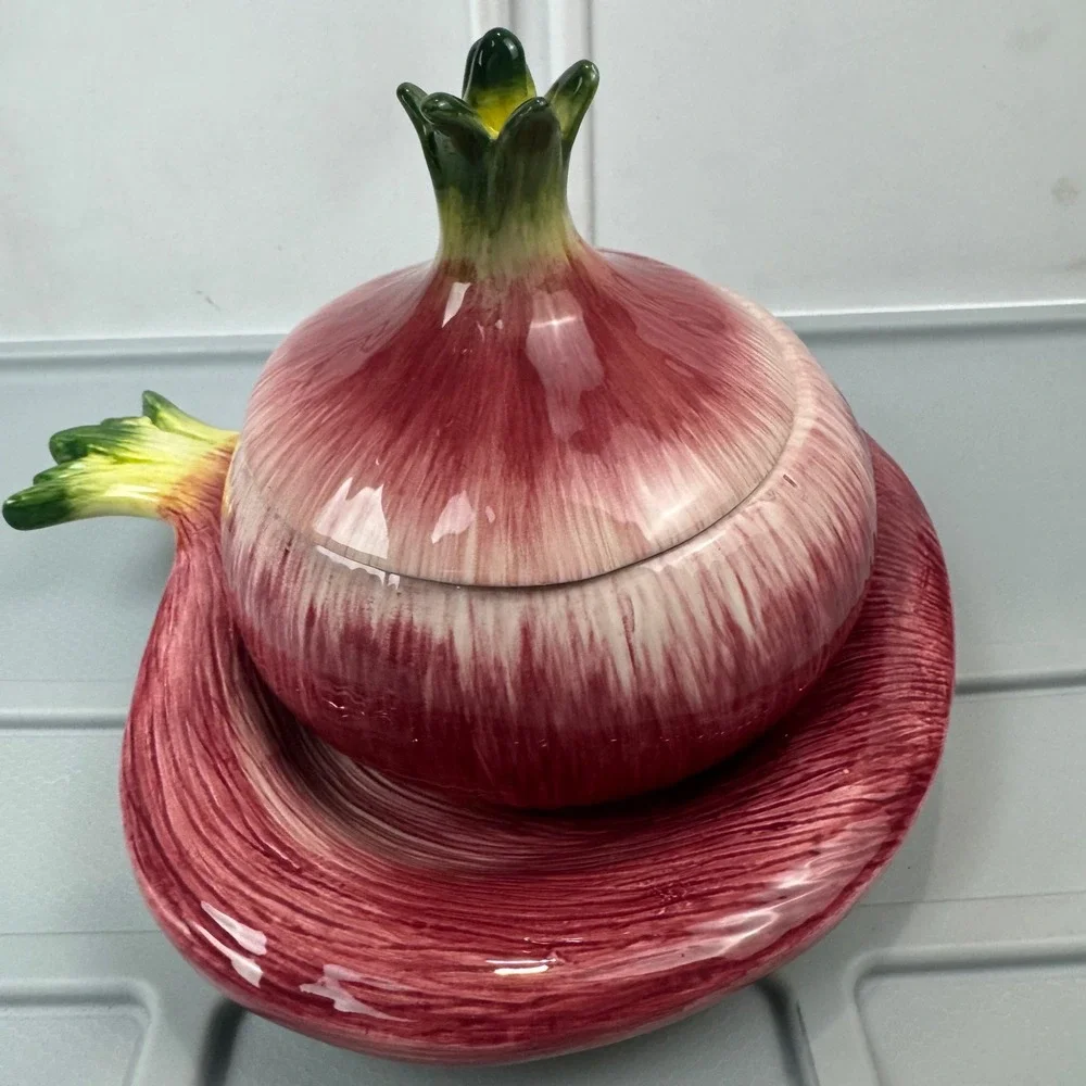 VTG Fitz and Floyd Essentials Red Onion Lidded Bowl with Plate Purple Ceramic